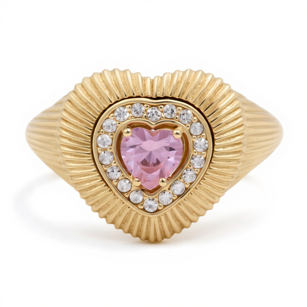 10K Yellow Gold Fashion Heart Women's Ring with White and Pink Cz / Size: 8.5 / Weight: 3.9 GR / CQWR0HR-4