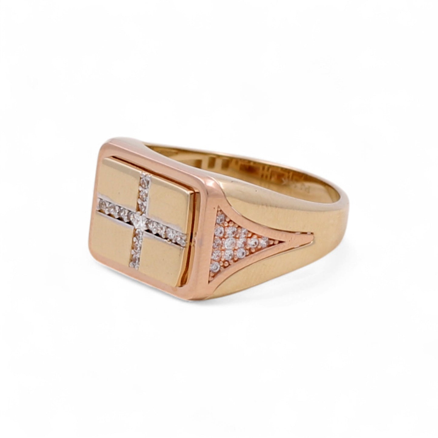 14K Yellow and Rose Gold Cross Men's Ring with White Cz / Size: 11 / Weight: 5.3 GR / DQMRTT4CS