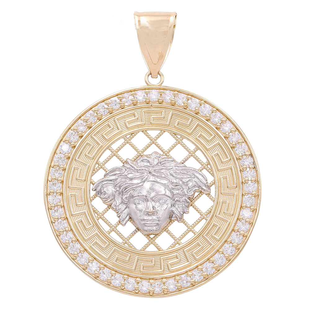 14K Yellow and White Gold Round Medusa Head Pendant with Cubic Zirconias