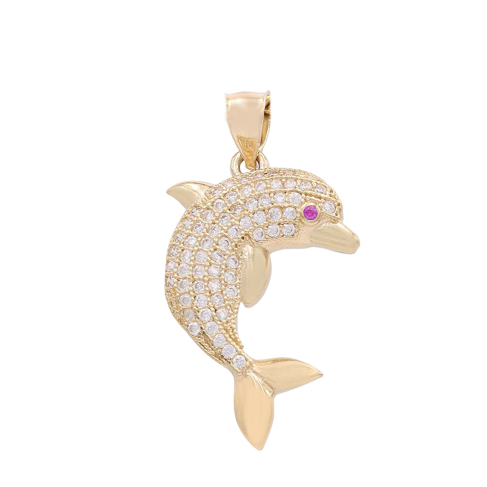 14K Yellow Gold Jumping Dolphin Pendant with Cubic Zirconias