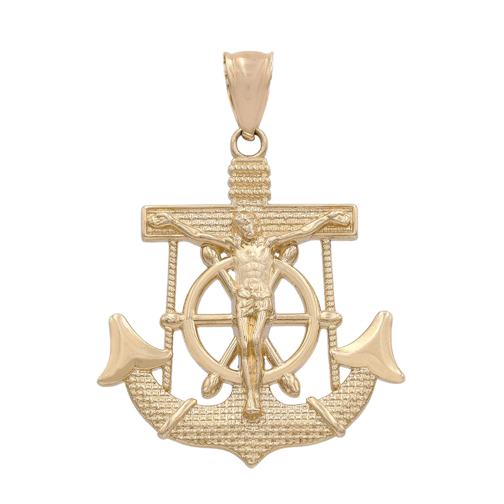 14K Yellow Gold Jesus on Cross and Anchor Pendant with Cubic Zirconias