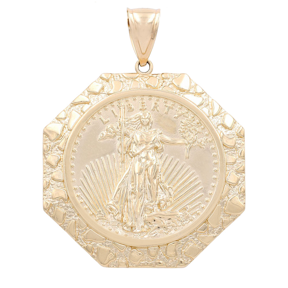 14K Yellow Gold Hexagon Rectangle Lady Liberty Coin Pendant
