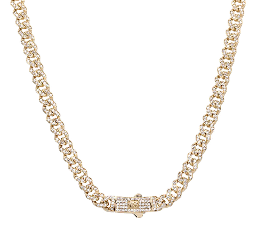 14K Yellow Gold Fashion Semi-Solid Monaco Link Necklace with Cubic Zirconias