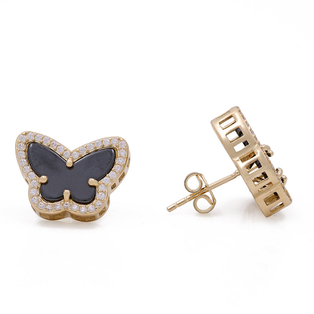14K Yellow Gold Butterfly Earrings with Onyx and Cubic Zirconias