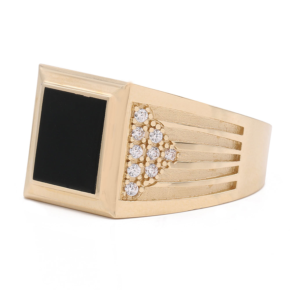 14K Yellow Gold Fashion Ring with Black Color Center Stone and Cubic Zirconias