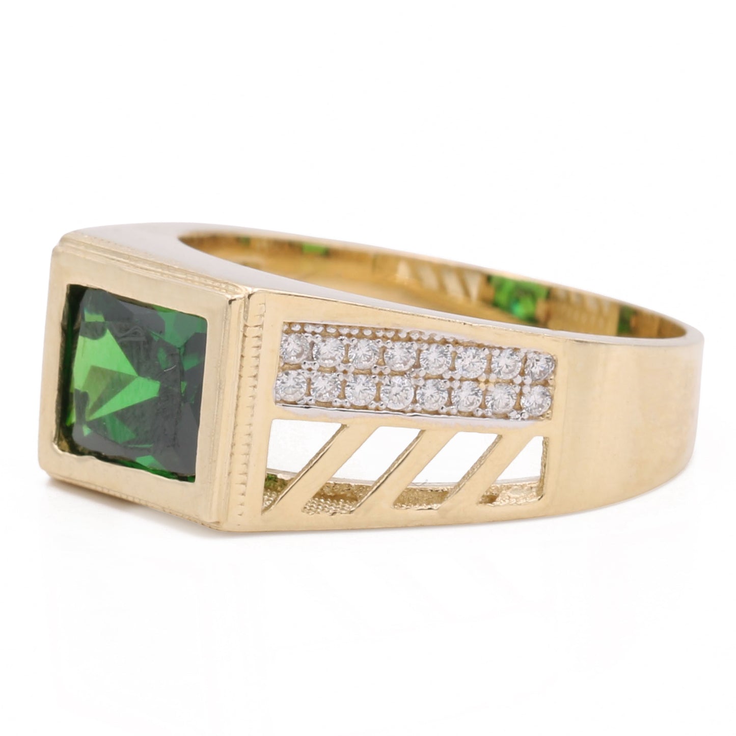 14K Yellow Gold Fashion Ring with Green Color Stone and Cubic Zirconias