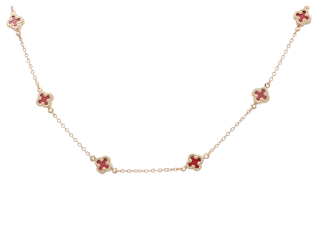 10K Yellow Gold Red Stone Flowers Necklace