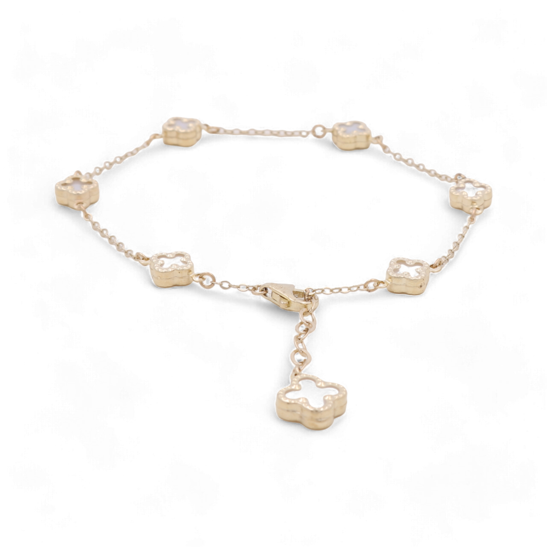 10K Yellow Gold Fashion 7 Flowers Mother of Pearl Bracelet