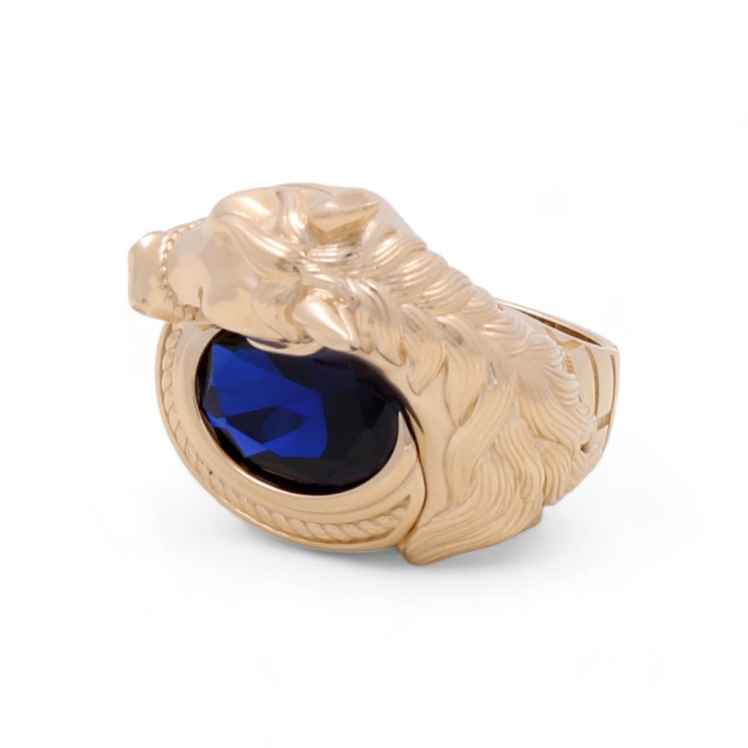 14K Yellow Gold Men Ring Horse with Blue Stone