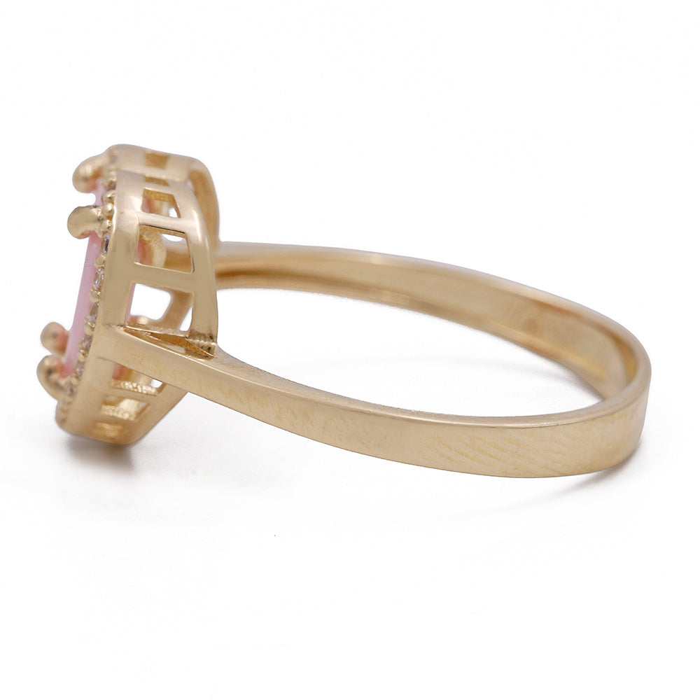 14K Yellow Gold Fashion Pink Stone Heart with Cubic Zirconias Ring