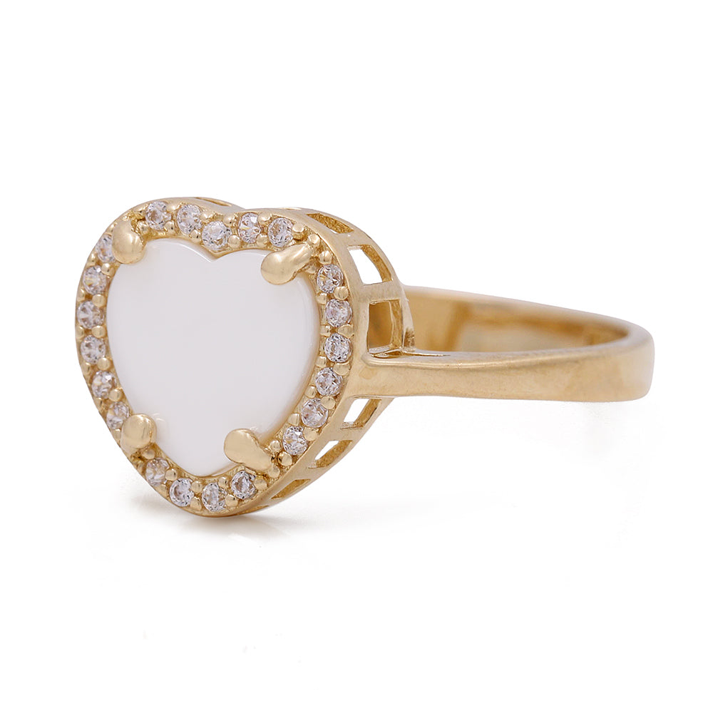 14K Yellow Gold Fashion Ring with Mother of Pearl Heart Center Stone and Cubic Zirconias