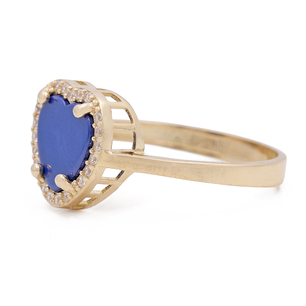 14K Yellow Gold Fashion Ring with Blue Heart Center Stone and Cubic Zirconias