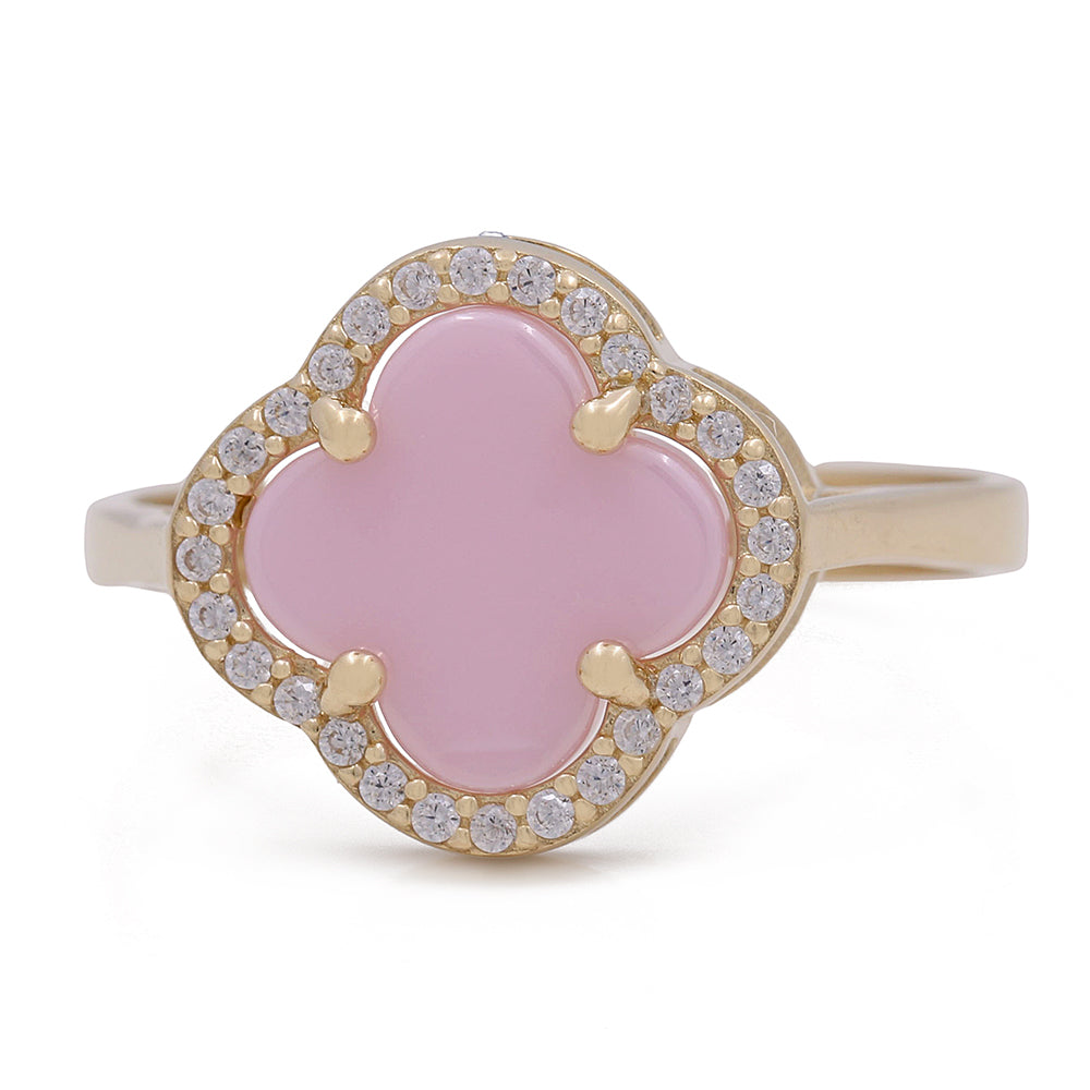 14K Yellow Gold Fashion Ring with Pink Color Stone and Cubic Zirconias