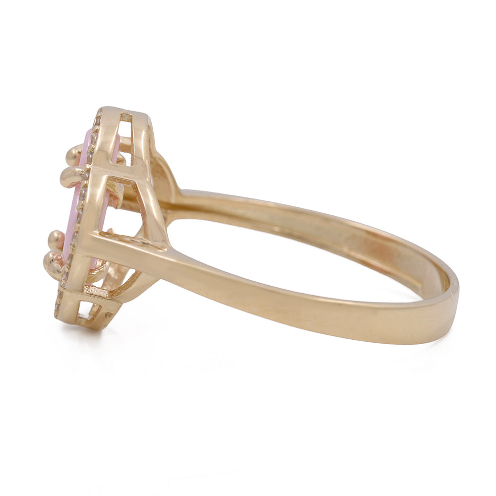 14K Yellow Gold Fashion Ring with Pink Color Stone and Cubic Zirconias