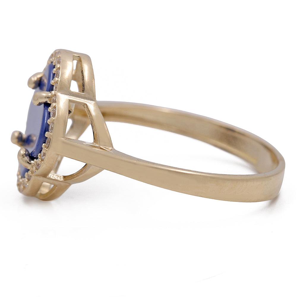14K Yellow Gold Fashion Ring with Blue Color Stone and Cubic Zirconias