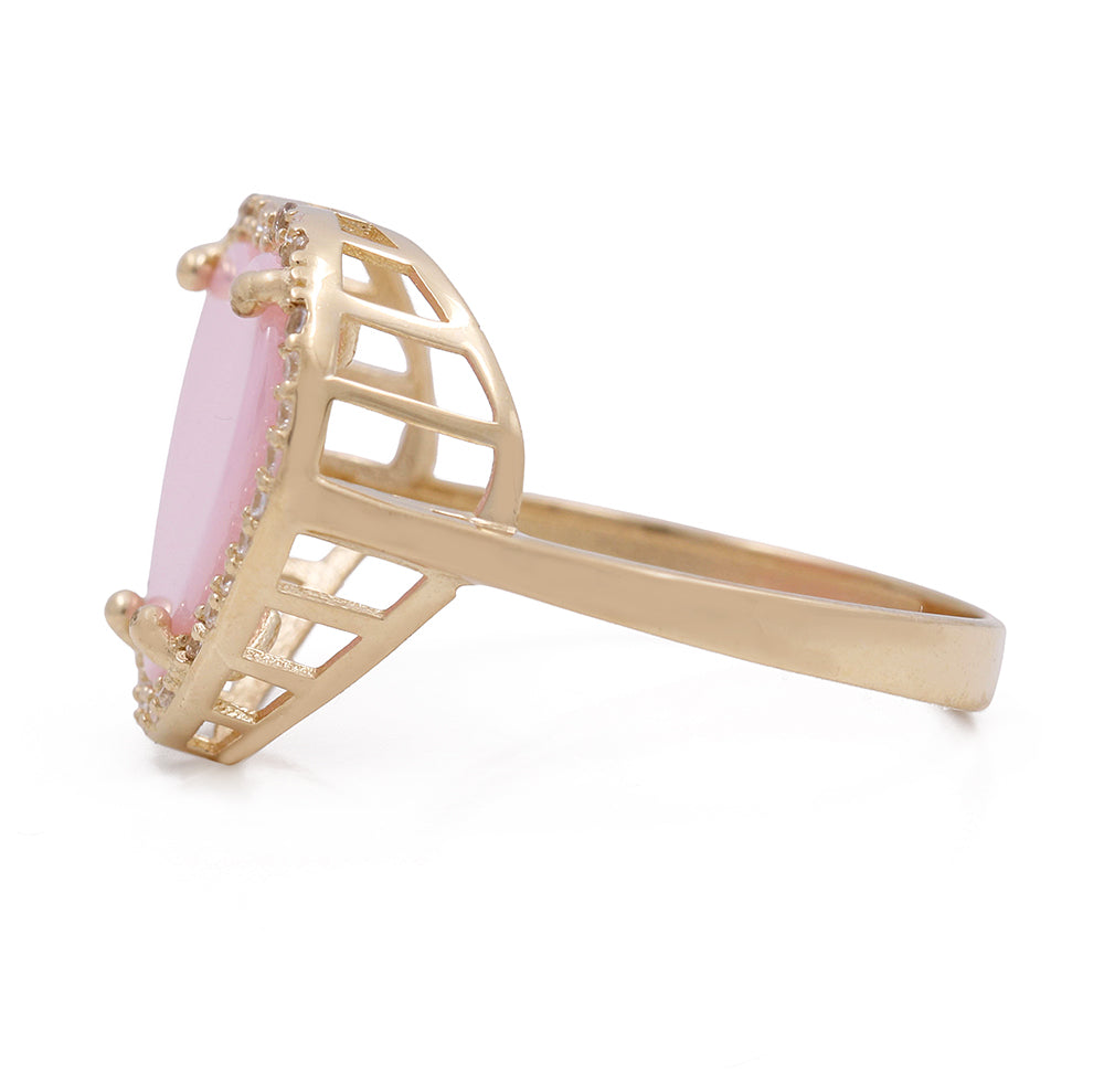 14K Yellow Gold Fashion Pink Stone Heart with Cubic Zirconias Ring
