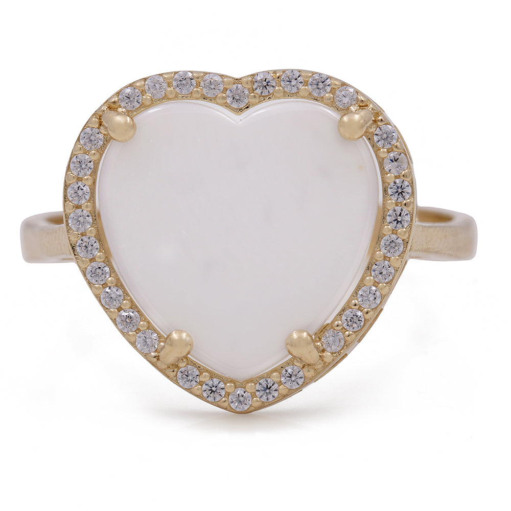 14K Yellow Gold Fashion Ring with Mother of Pearl Heart Center Stone and Cubic Zirconias