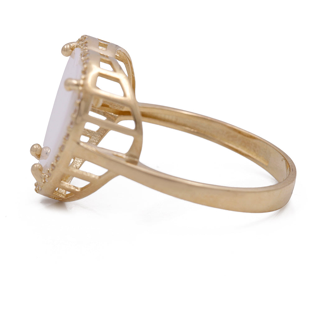 14K Yellow Gold Fashion Ring with Mother of Pearl Heart Center Stone and Cubic Zirconias