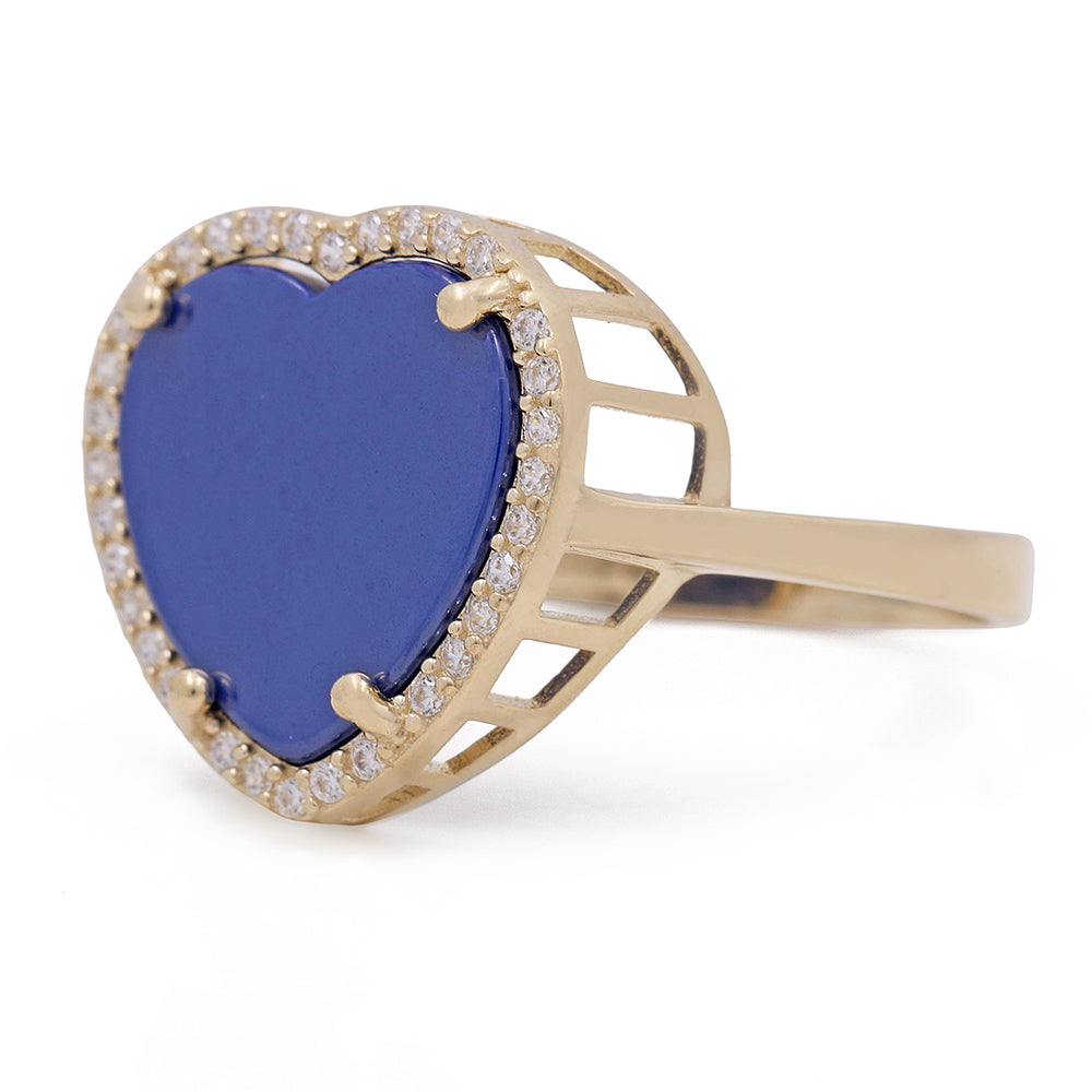 14K Yellow Gold Fashion Ring with Blue Heart Center Stone and Cubic Zirconias