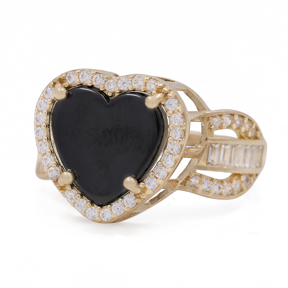 14K Yellow Gold Fashion Ring with Onyx Heart Center Stone and Cubic Zirconias