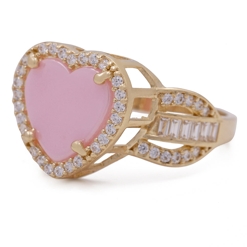 14K Yellow Gold Fashion Pink Stone Heart with Cubic Zirconias Ring