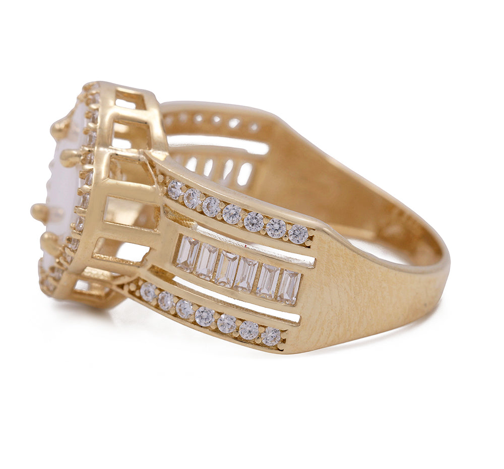 14K Yellow Gold Fashion Mother of Pearl Flower with Cubic Zirconias Ring