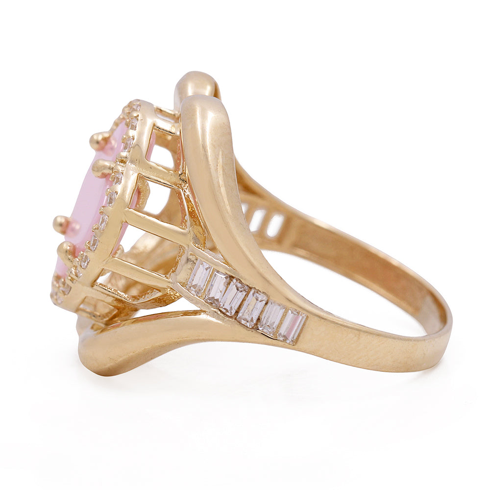 14K Yellow Gold Fashion Ring with Pink Flower Center Stone and Cubic Zirconias