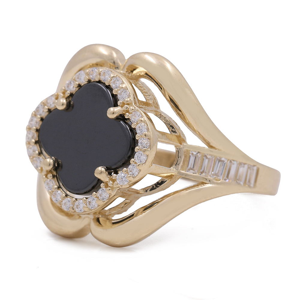 14K Yellow Gold Fashion Ring with Onyx Flower Center Stone and Cubic Zirconias
