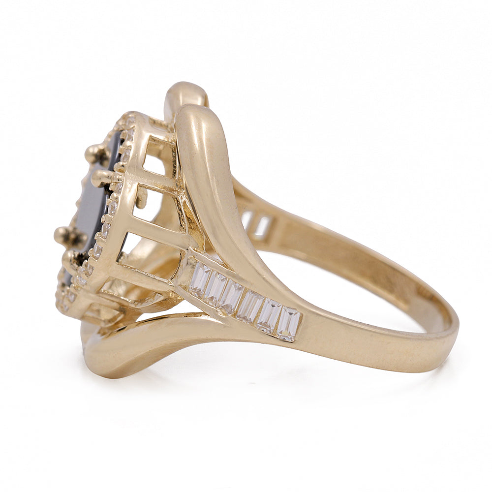 14K Yellow Gold Fashion Ring with Onyx Flower Center Stone and Cubic Zirconias