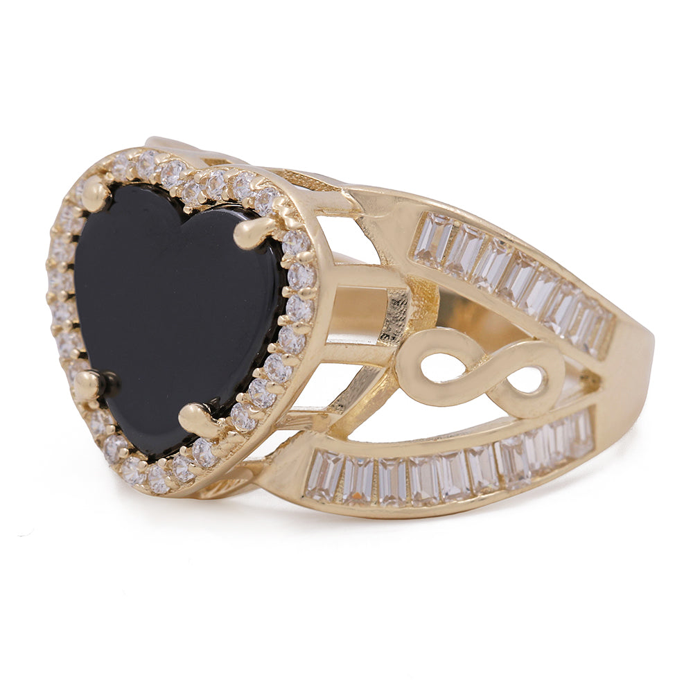 14K Yellow Gold Fashion Ring with Onyx Heart Center Stone and Cubic Zirconias