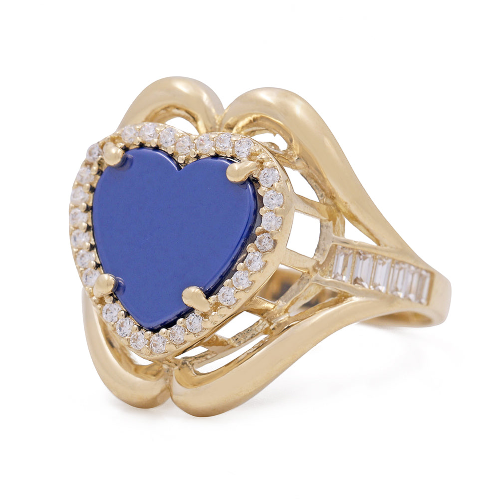 14K Yellow Gold Fashion Ring with Blue Heart Center Stone and Cubic Zirconias