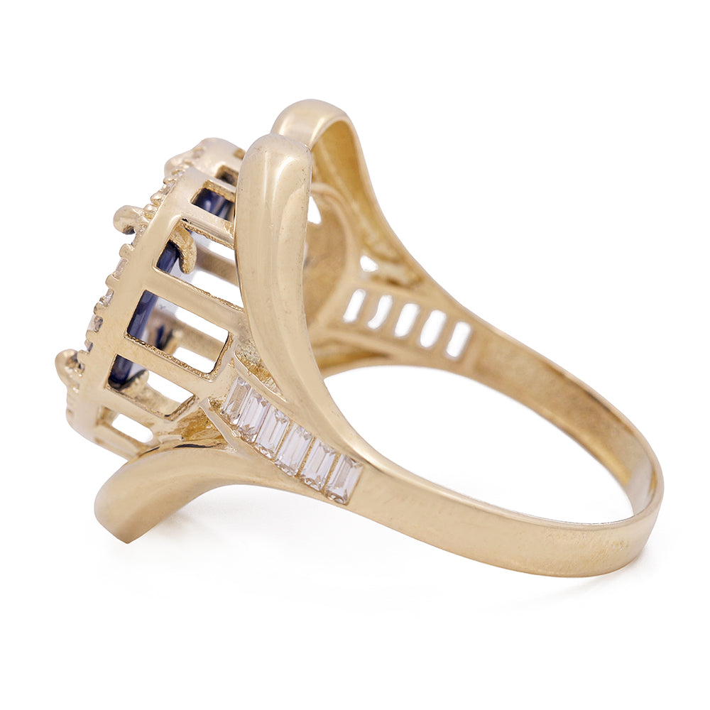 14K Yellow Gold Fashion Ring with Blue Heart Center Stone and Cubic Zirconias