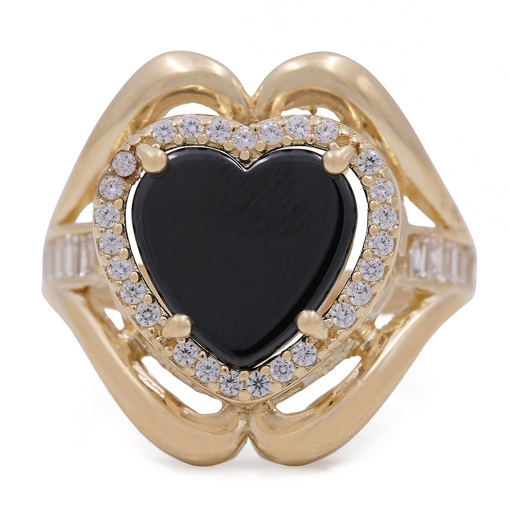 14K Yellow Gold Fashion Ring with Onyx Heart Center Stone and Cubic Zirconias