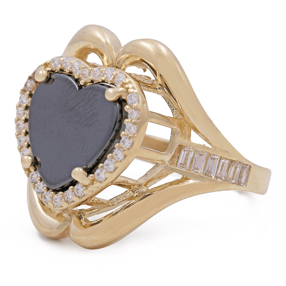 14K Yellow Gold Fashion Ring with Onyx Heart Center Stone and Cubic Zirconias