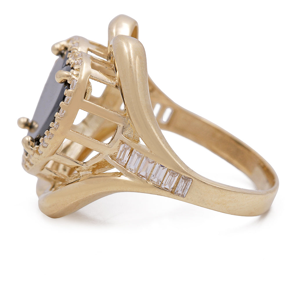 14K Yellow Gold Fashion Ring with Onyx Heart Center Stone and Cubic Zirconias