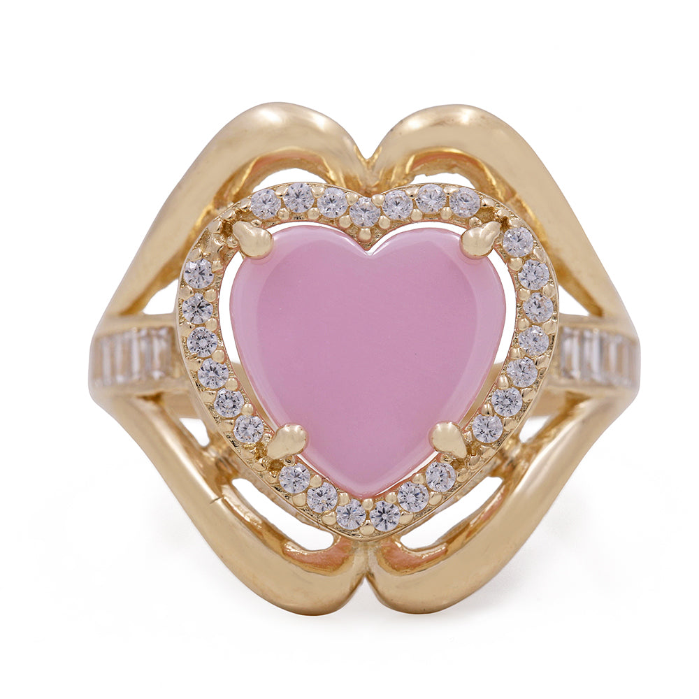 14K Yellow Gold Fashion Ring with Pink Heart Center Stone and Cubic Zirconias