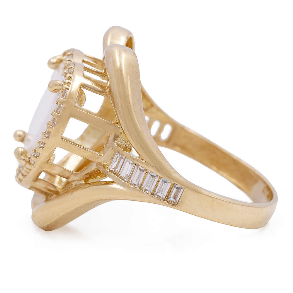 14K Yellow Gold Fashion Ring with Mother of Pearl Center Stone and Cubic Zirconias