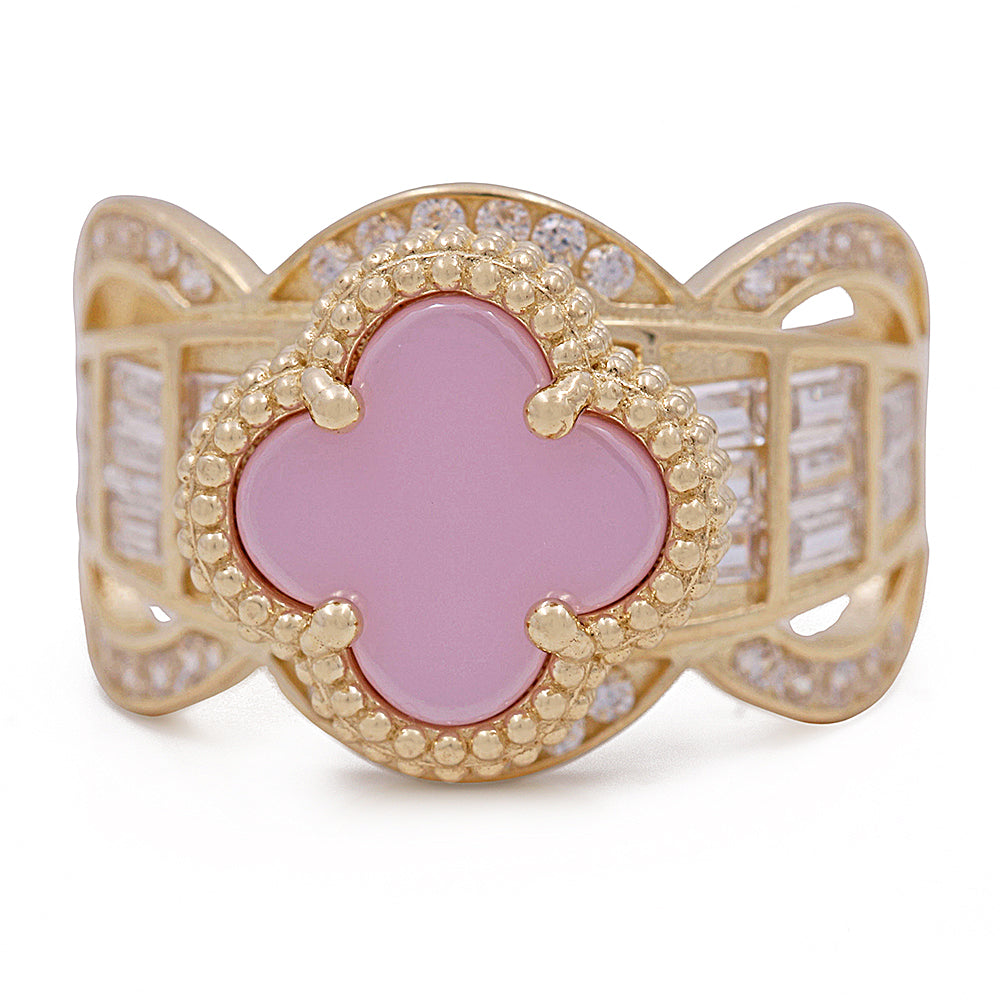 14K Yellow Gold Fashion Ring with Pink Color Stone and Cubic Zirconias