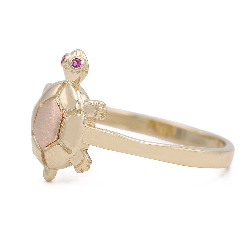 14K Yellow and Rose Gold Fashion Turtle Ring with Color Stones