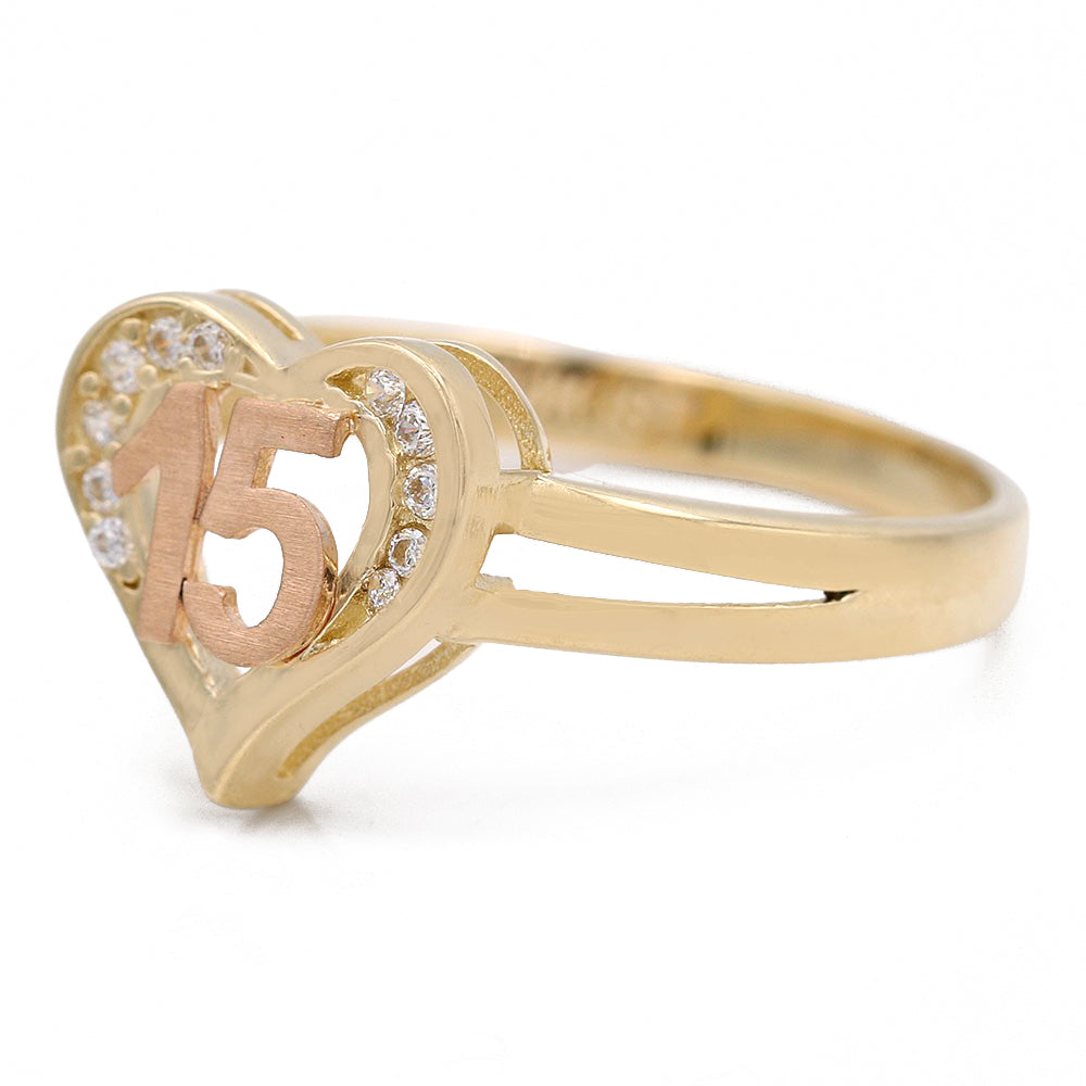 14K Yellow and Rose Gold Sweet 15 Heart Shape Ring