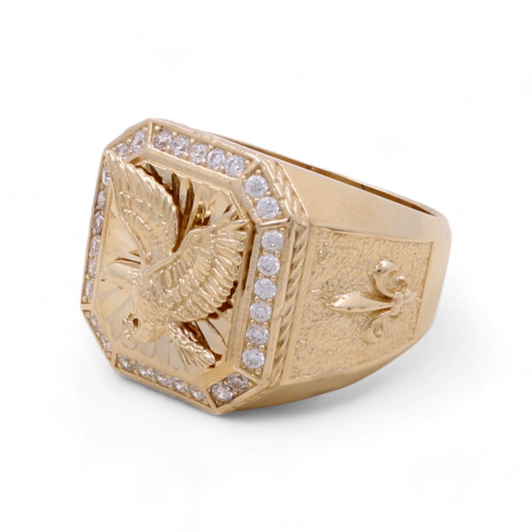 14K Yellow Gold Men's Eagle and Cubic Zirconias Ring