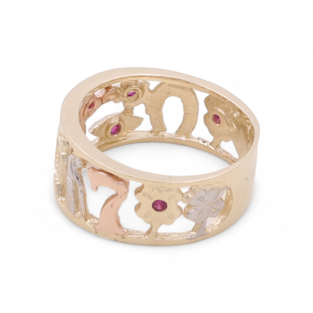 14K Tricolor Gold Fashion Animals with Color Stones Ring