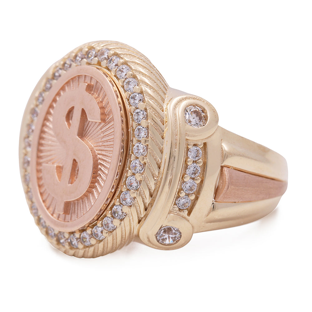 14K Yellow and Rose Gold Men's Ring with Dollar Sign and Cubic Zirconia
