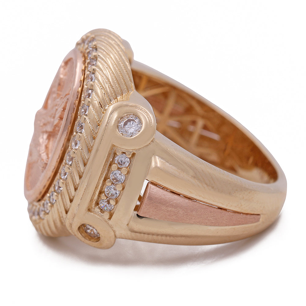 14K Yellow and Rose Gold Fashion Men's Ring with Center Eagle and Cubic Zirconias