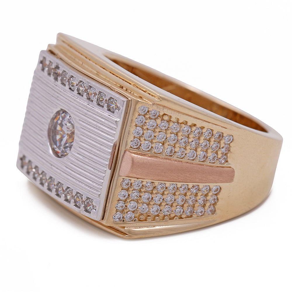14K Tricolor Men's Fashion Ring with Cubic Zirconias