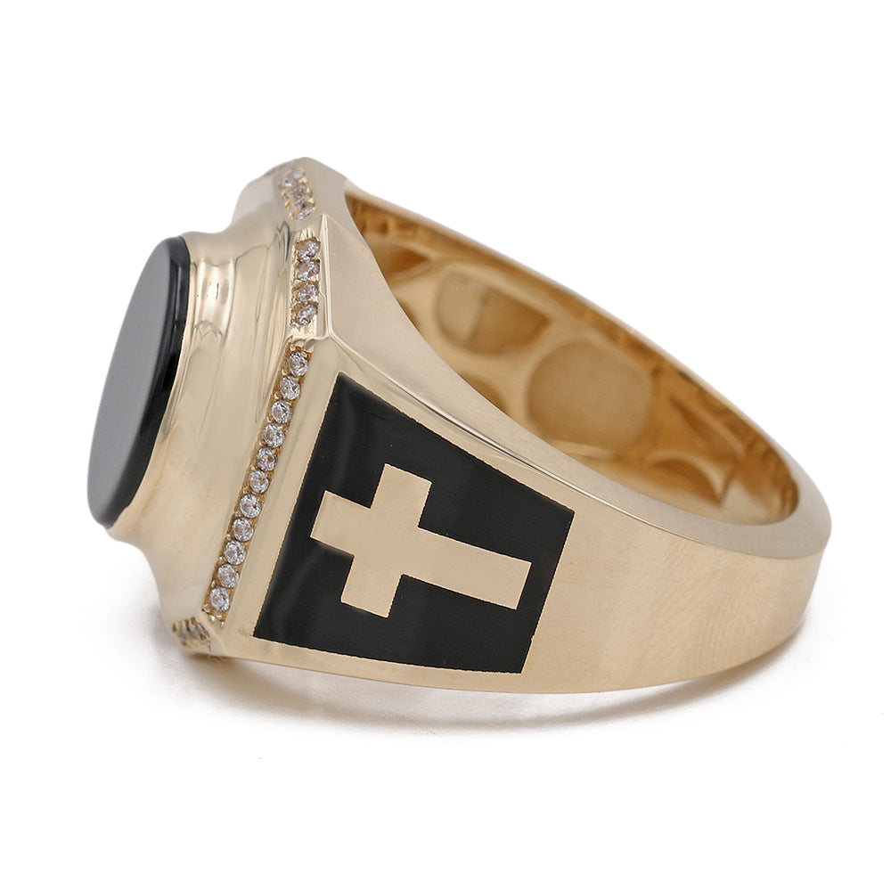 14K Yellow Gold Black Color Center Stone Ring with Cubic Zirconias