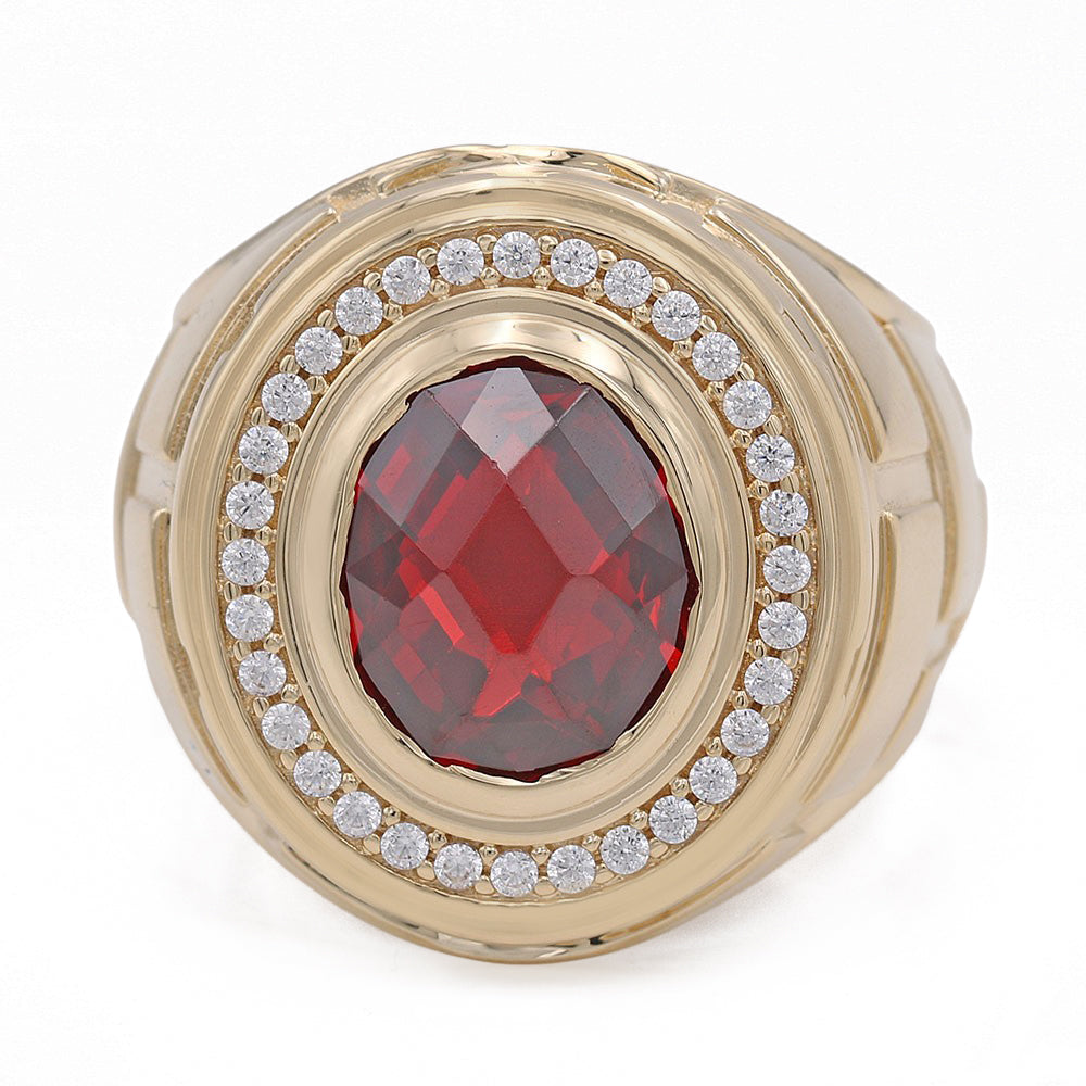 14K Yellow Gold Ruby Color Center Stone Ring with Cubic Zirconias