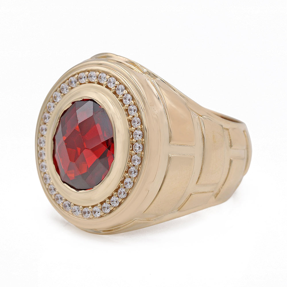 14K Yellow Gold Ruby Color Center Stone Ring with Cubic Zirconias