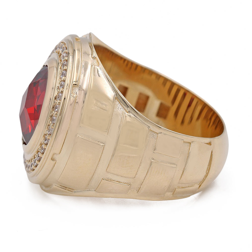 14K Yellow Gold Ruby Color Center Stone Ring with Cubic Zirconias
