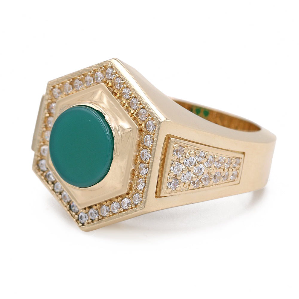 14K Yellow Gold Green Color Center Stone Ring with Cubic Zirconias